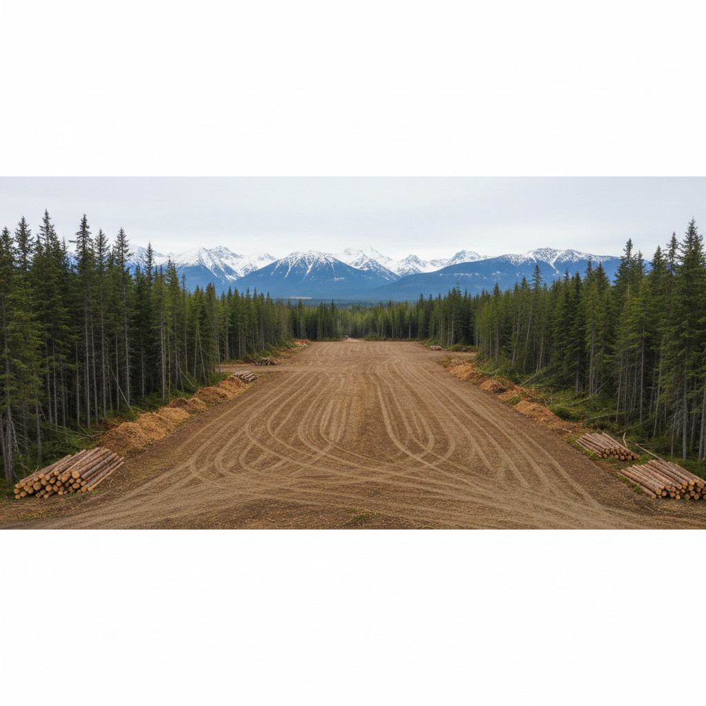 A broad Alaskan homestead lot freshly cleared of dense spruce and alder, the ground neatly leveled with parallel tracks from a tracked mulcher leading toward distant snow-dusted mountains. Piles of chipped brush and neatly stacked logs sit at the edges of the property, framed by untouched forest. Soft, diffused mid-morning daylight from an overcast sky creates even, shadowless illumination, emphasizing the clean lines between cleared land and natural trees. Photographic realism, captured from a slightly elevated eye-level angle with sharp focus throughout, conveying a professional, orderly transformation of wild land into a ready-for-build site. The atmosphere feels calm, efficient, and trustworthy, ideal for a land clearing business hero image.