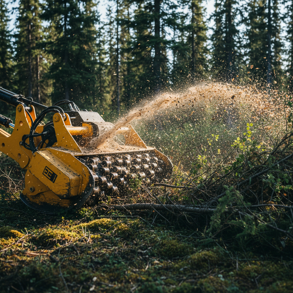 A heavy-duty bright yellow forestry mulcher attachment biting into thick Alaskan brush, showering wood chips in a dynamic arc against a backdrop of deep green spruce and moss-covered ground. The steel teeth appear slightly worn and polished from use, surfaces speckled with fresh sawdust. Cool, clear afternoon sunlight filters through tall trees, catching individual wood chips mid-air and casting crisp, short shadows across the forest floor. Photographic realism from a low-angle, close-up composition focused on the cutting drum, with the forest receding into a soft bokeh background. The mood is powerful yet controlled, highlighting professional-grade equipment and precise brush removal capabilities for demanding northern terrain.