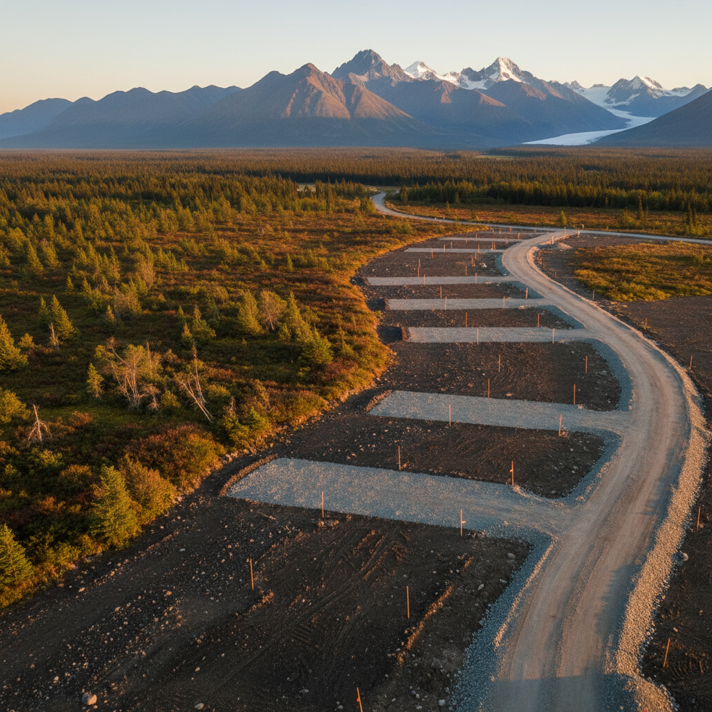 A panoramic view of a sloped Alaskan lot mid-way through site preparation, with one half still covered in wild brush and stunted trees, and the other half methodically cleared down to compacted soil and leveled gravel pads. Orange survey flags and a clearly defined gravel access road guide the eye through the frame toward a distant glacier-blue mountain range. The scene is lit by warm, low-angle golden hour sunlight, creating long shadows that emphasize the change in terrain. Photographic realism from a slightly elevated wide-angle perspective, sharp detail from foreground to background. The atmosphere is optimistic and forward-looking, showcasing professional site prep for future cabins or small developments.