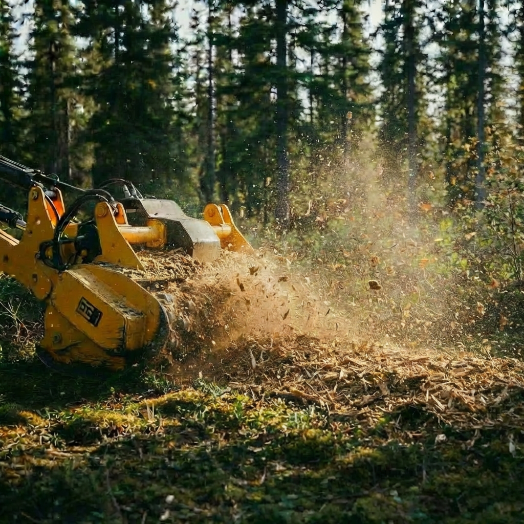 A heavy-duty bright yellow forestry mulcher attachment biting into thick Alaskan brush, showering wood chips in a dynamic arc against a backdrop of deep green spruce and moss-covered ground. The steel teeth appear slightly worn and polished from use, surfaces speckled with fresh sawdust. Cool, clear afternoon sunlight filters through tall trees, catching individual wood chips mid-air and casting crisp, short shadows across the forest floor. Photographic realism from a low-angle, close-up composition focused on the cutting drum, with the forest receding into a soft bokeh background. The mood is powerful yet controlled, highlighting professional-grade equipment and precise brush removal capabilities for demanding northern terrain.