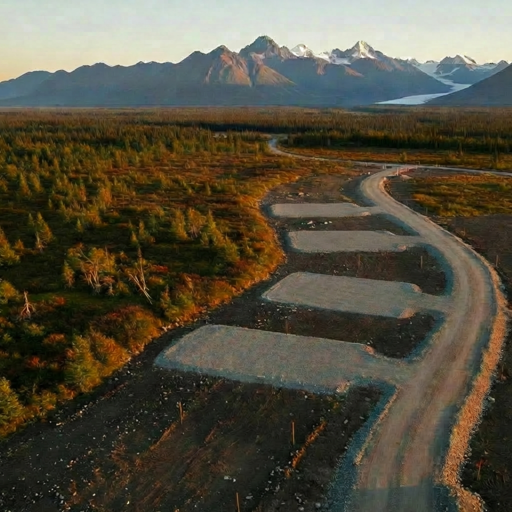 A panoramic view of a sloped Alaskan lot mid-way through site preparation, with one half still covered in wild brush and stunted trees, and the other half methodically cleared down to compacted soil and leveled gravel pads. Orange survey flags and a clearly defined gravel access road guide the eye through the frame toward a distant glacier-blue mountain range. The scene is lit by warm, low-angle golden hour sunlight, creating long shadows that emphasize the change in terrain. Photographic realism from a slightly elevated wide-angle perspective, sharp detail from foreground to background. The atmosphere is optimistic and forward-looking, showcasing professional site prep for future cabins or small developments.